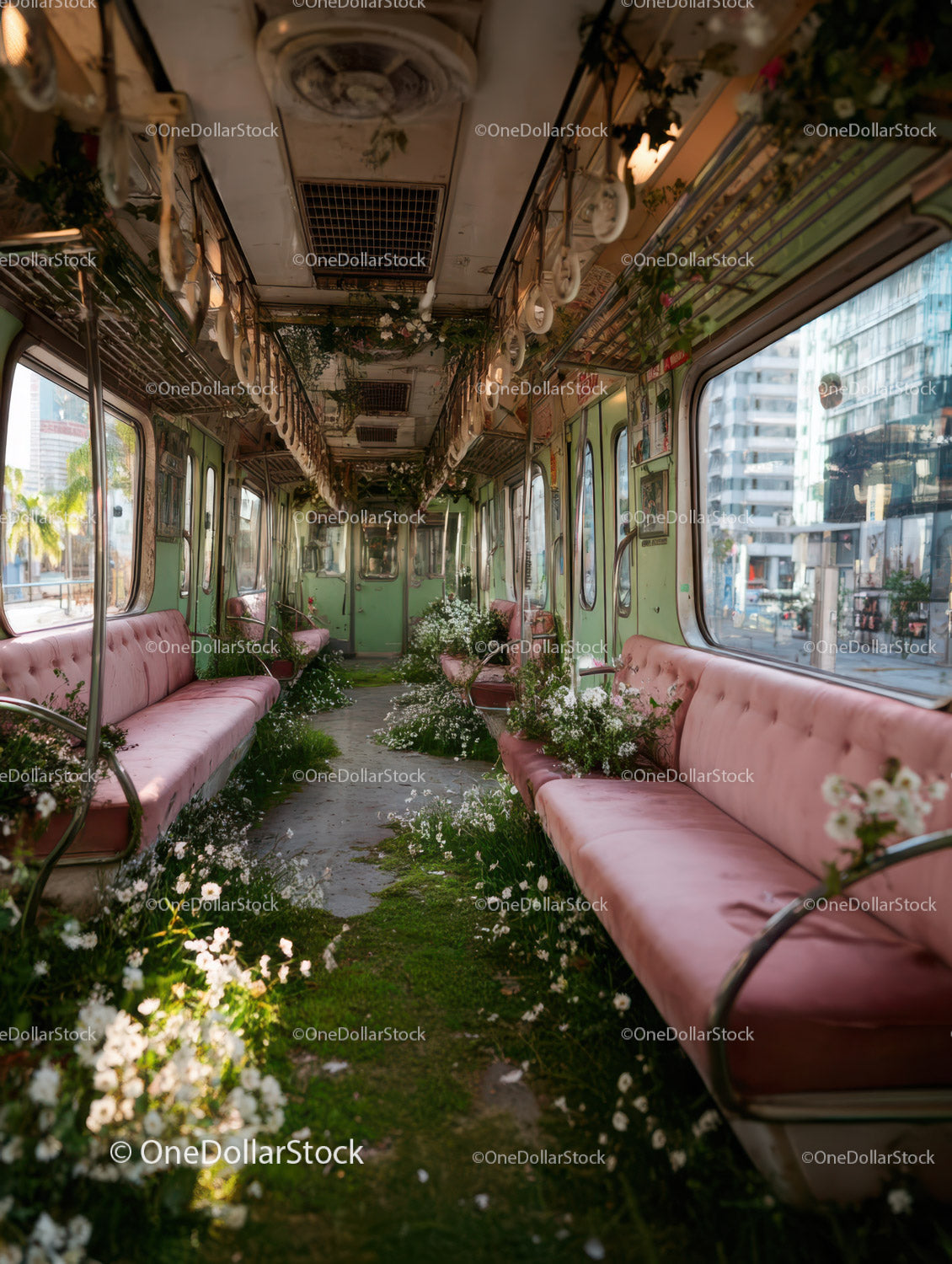 Abandoned Train Car Filled with Overgrown Flowers and Greenery