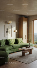 Modern living room with green sofa and natural light