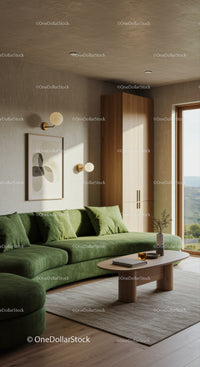 Modern living room with green sofa and natural light