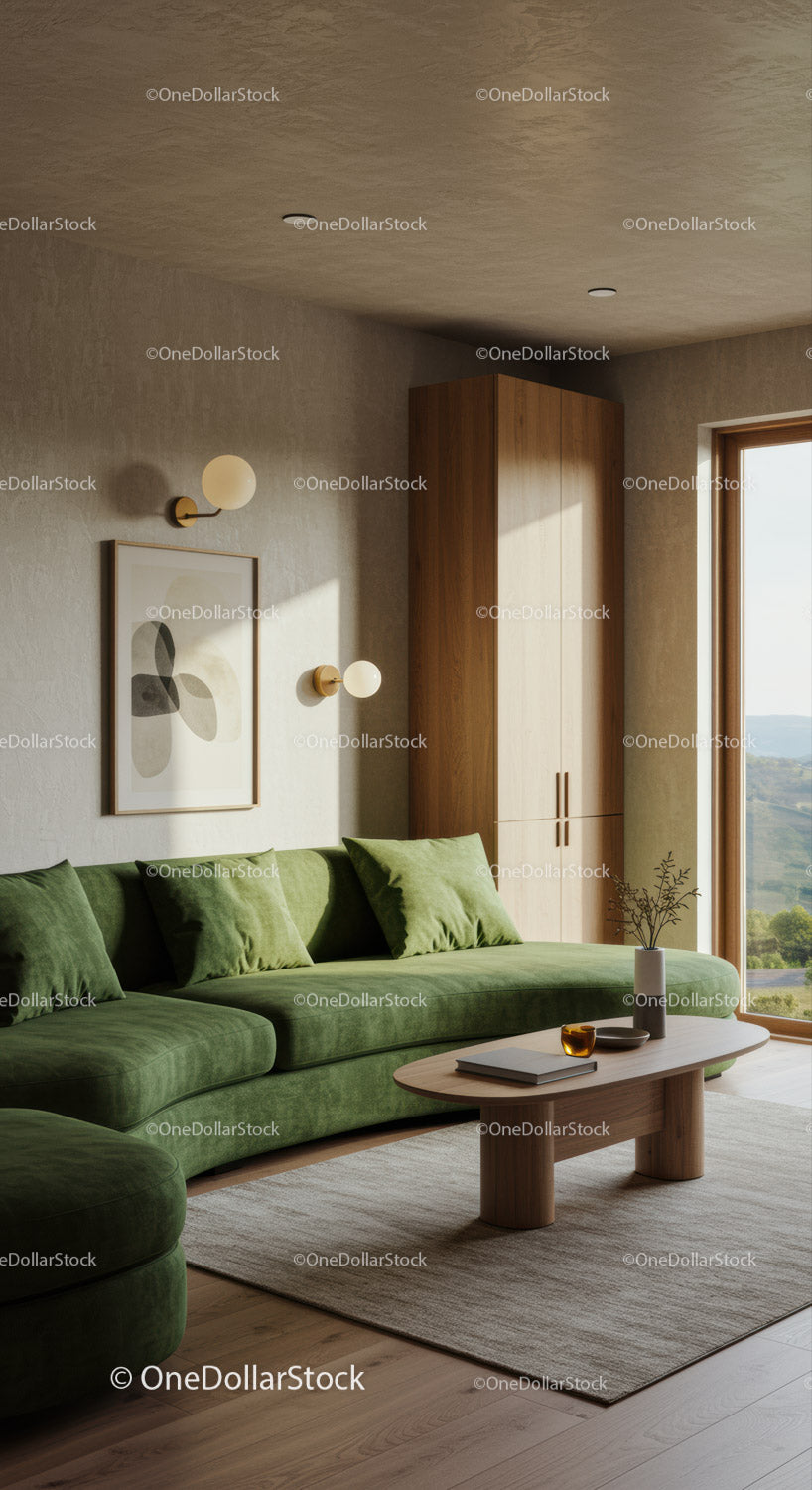 Nowoczesny salon z zieloną sofą i naturalnym światłem