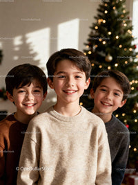 Three smiling boys in warm sweaters near Christmas tree