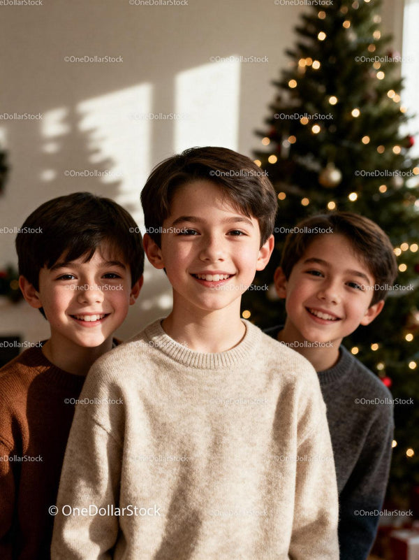 Three smiling boys in warm sweaters near Christmas tree