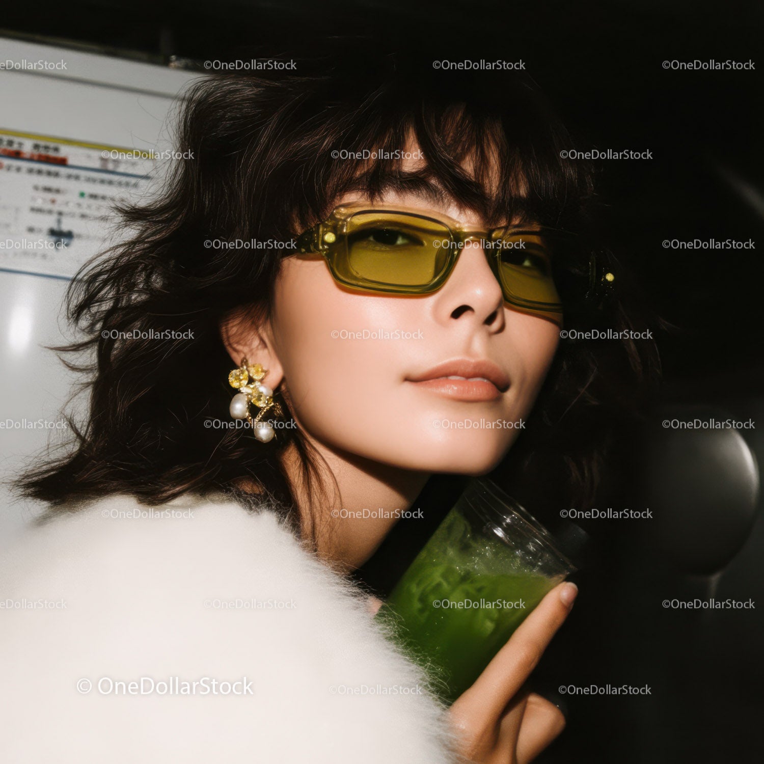 Stylish Woman with Green Smoothie in Night Fashion Scene