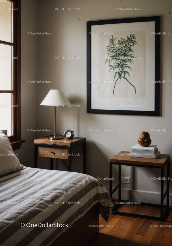 Modern Bedroom Interior with Nightstand and Botanical Artwork