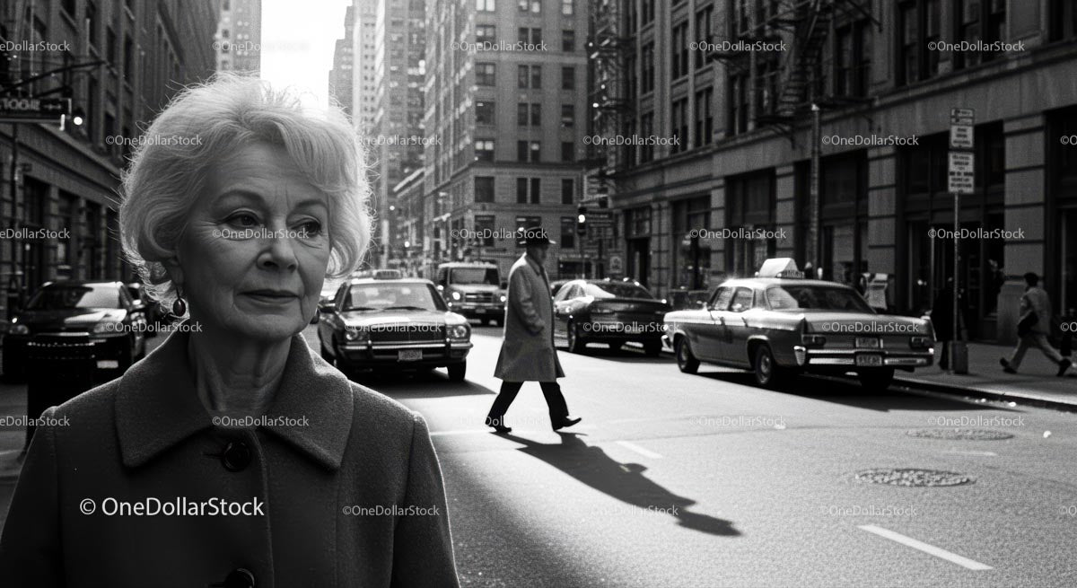 Elderly Woman in Busy City Street Surrounded by Vintage Cars
