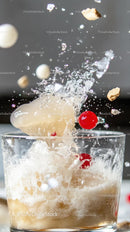 Ice Cubes and Red Cherries Splash in Refreshing Fizzy Drink