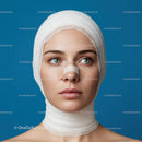 Woman with Bandages on Nose Exhibiting Facial Care and Recovery