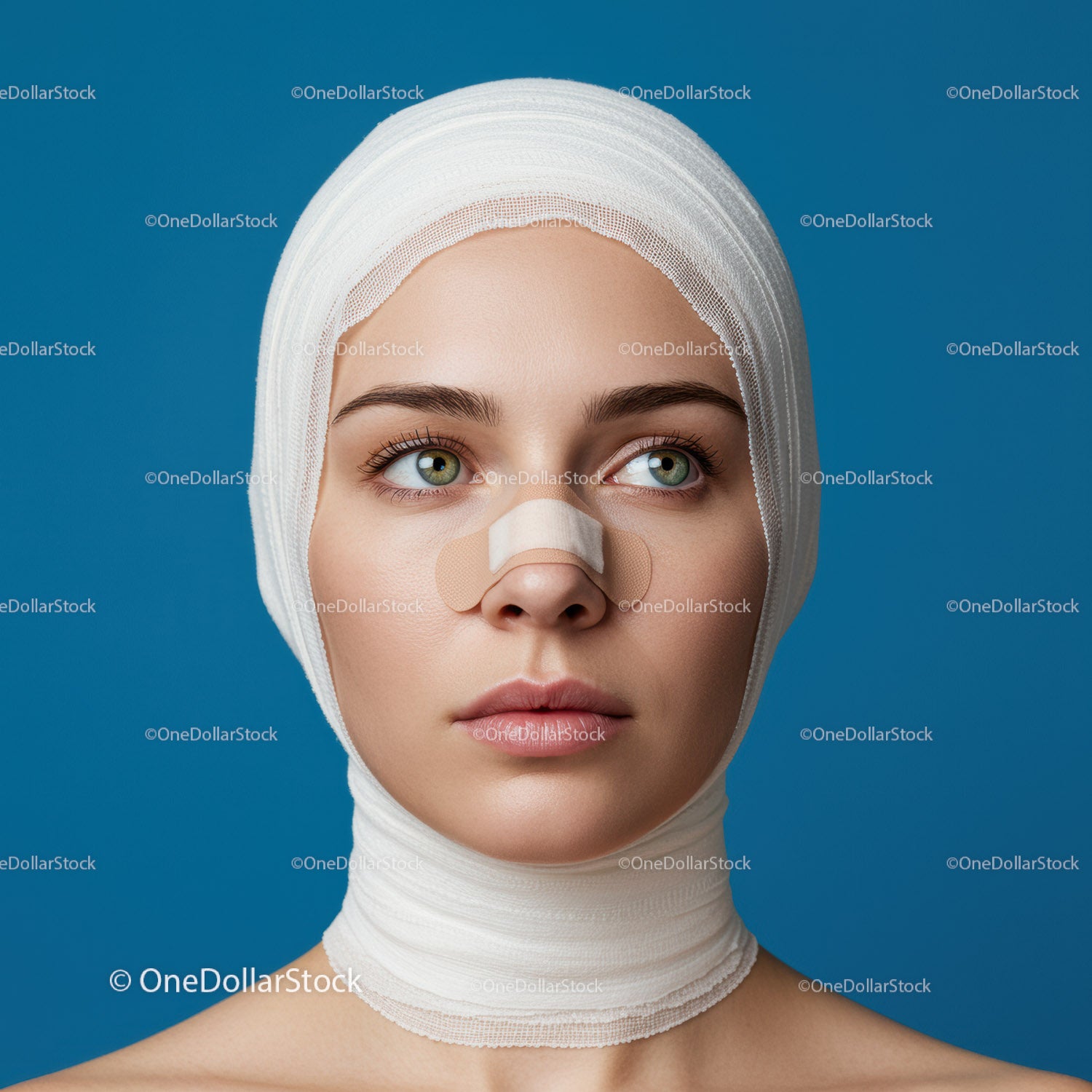 Woman with Bandages on Nose Exhibiting Facial Care and Recovery