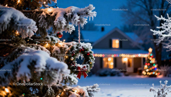 Snow-Covered Christmas Wreath on Pine Tree with Cozy Lights