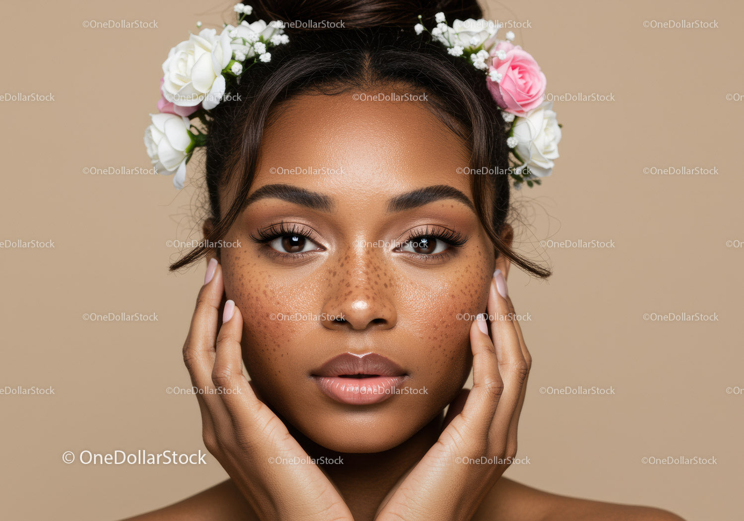 Elegant Woman with Freckles and Floral Crown for Beauty and Skincare