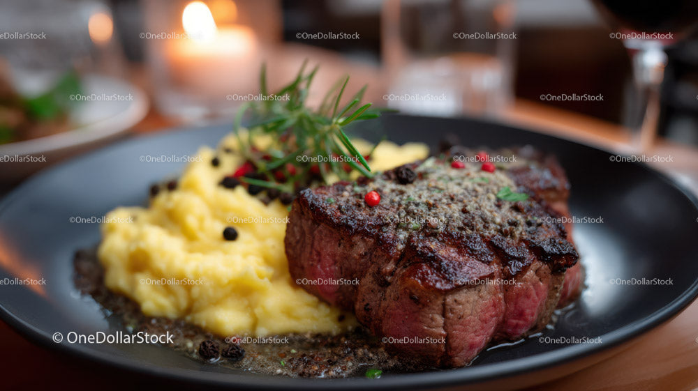 Gourmet Grilled Steak with Mashed Potatoes on Black Plate