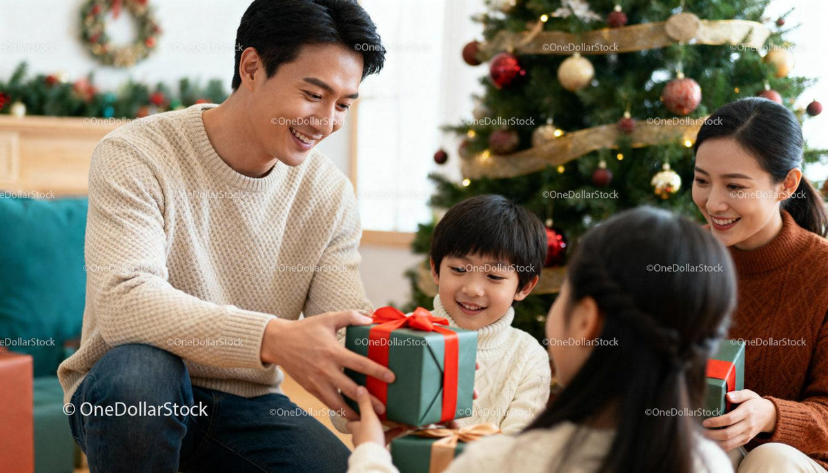 Family Sharing Holiday Joy and Gifts by Christmas Tree