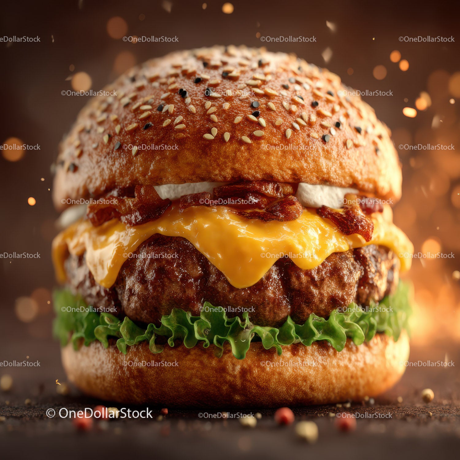 Juicy Cheeseburger with Bacon and Lettuce on Sesame Seed Bun