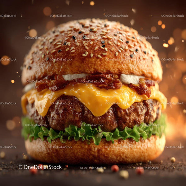 Soczysty Cheeseburger z Bekonem i Sałatą na Bułce z Sezamem