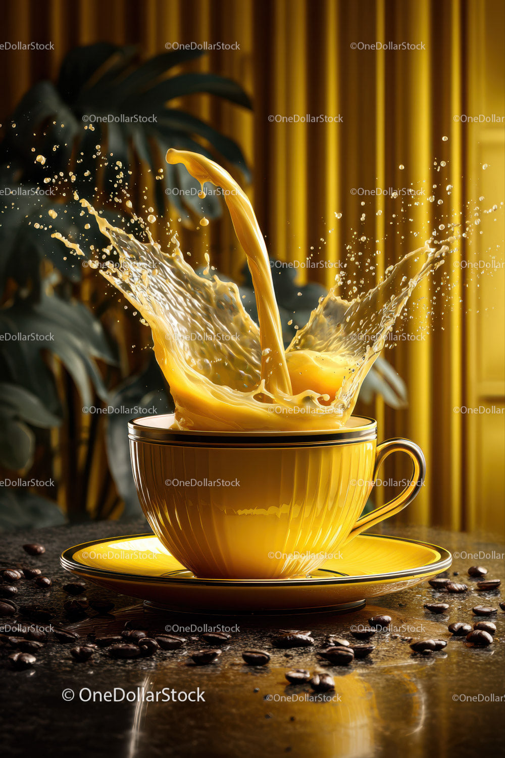 Vibrant Splash of Coffee in Yellow Cup with Coffee Beans Background