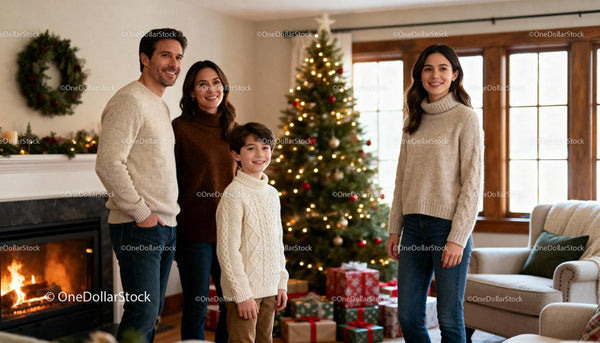 Family Celebrating Christmas Together in Cozy Living Room
