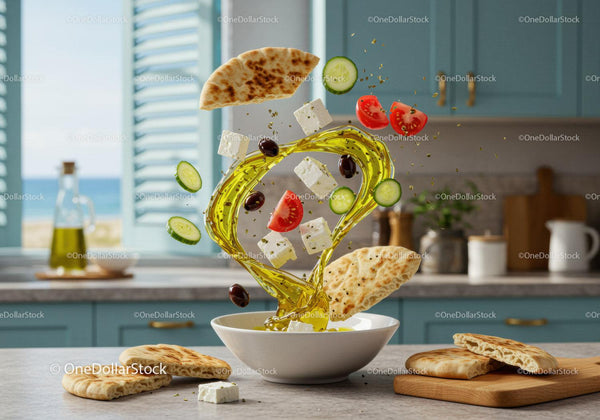 Fresh Mediterranean salad ingredients flying over bowl