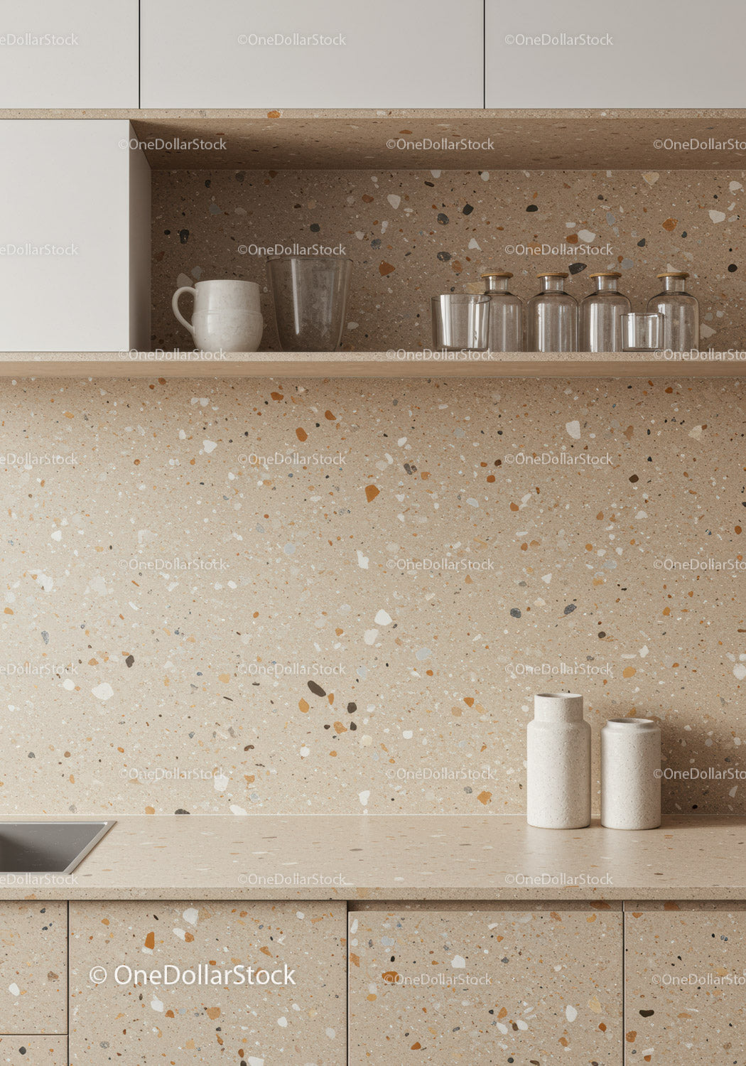 Modern Kitchen with Terrazzo Backsplash and Stylish Storage Decor