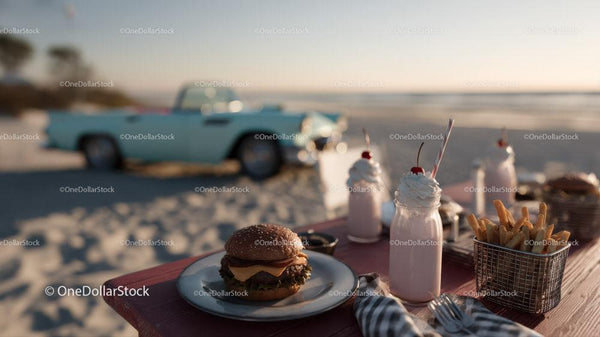 Piknik na plaży z burgerami, shake'ami i frytkami