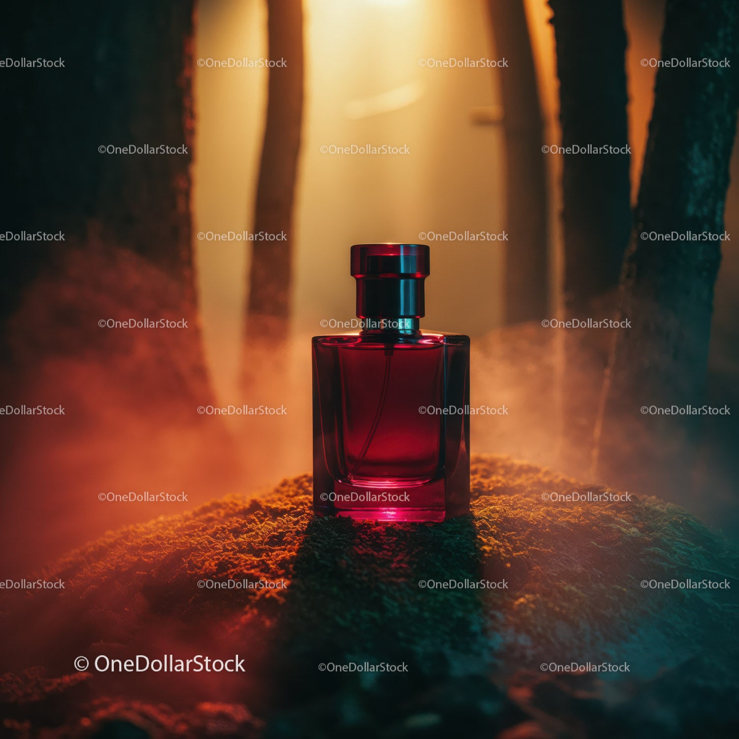 Luxury Red Perfume Bottle in Mystical Forest Scene
