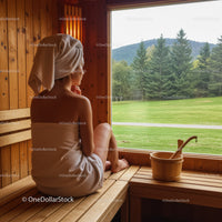 Woman Relaxing in Sauna with Mountain and Green Landscape View