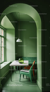 Stylish Green Walls and Modern Furniture in Bright Dining Room