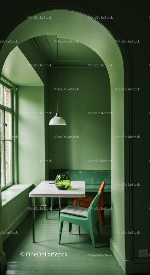 Stylish Green Walls and Modern Furniture in Bright Dining Room