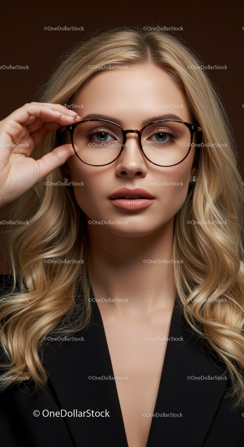 Pewna siebie blondynka w stylowych okularach na profesjonalnym portrecie studyjnym