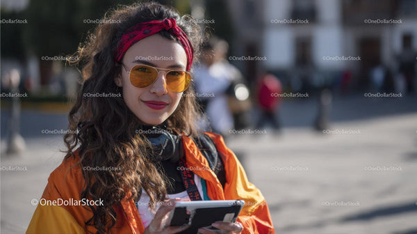 Young Woman in Sunglasses and Red Bandana Using Smartphone in City