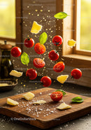 Fresh cherry tomatoes with basil and cheese in motion