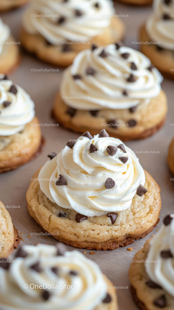 Vanilla Cupcakes with Swirled Frosting and Chocolate Chips