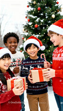 Children sharing gifts and joy beside Christmas tree