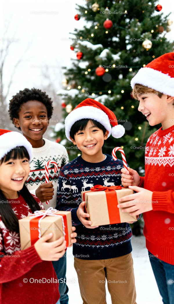 Children sharing gifts and joy beside Christmas tree