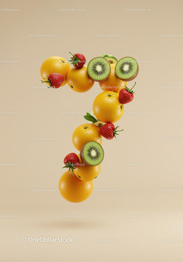 Number seven composed of fresh vibrant fruits