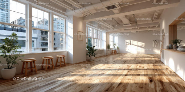 Bright Modern Room with Large Windows and Wooden Floor