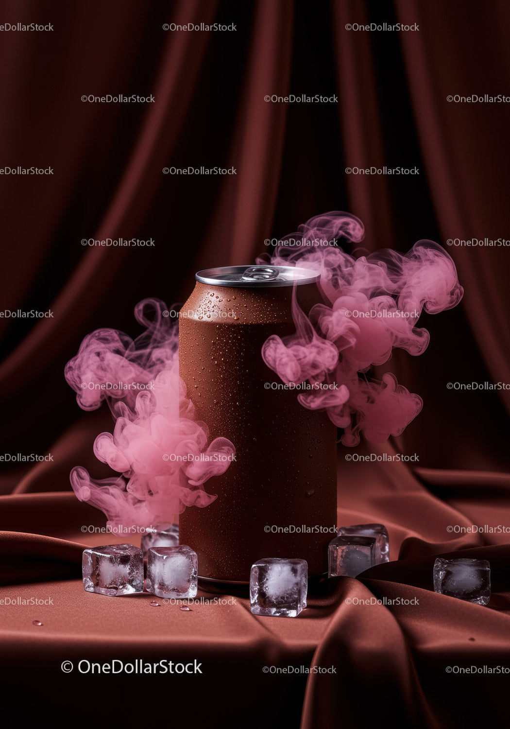 Chilled Brown Can with Ice and Pink Smoke on Fabric