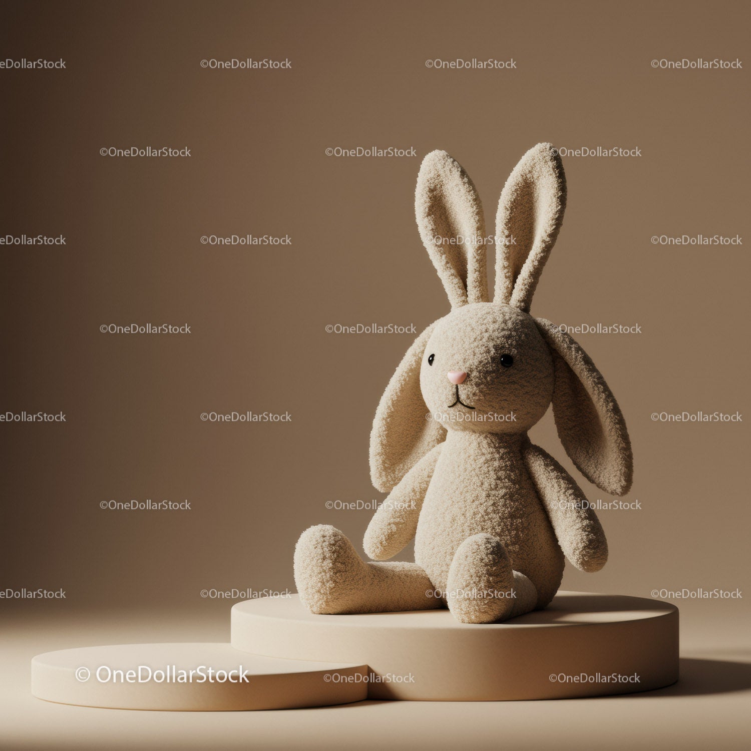 Soft plush bunny toy seated on neutral round platform