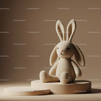 Soft plush bunny toy seated on neutral round platform