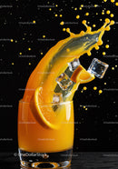 Fresh orange juice splash with ice cubes and slice
