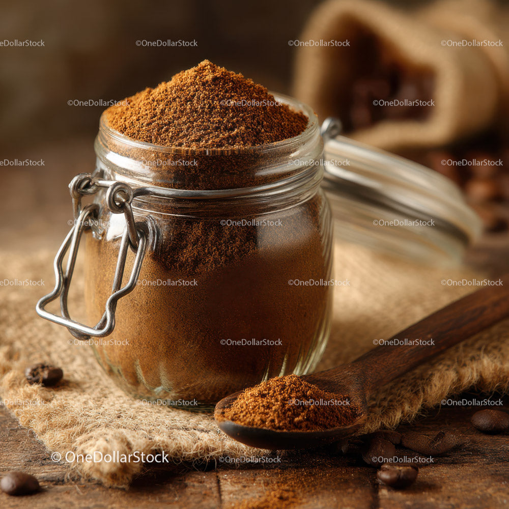 Ground Coffee in Glass Jar with Wooden Spoon on Rustic Background
