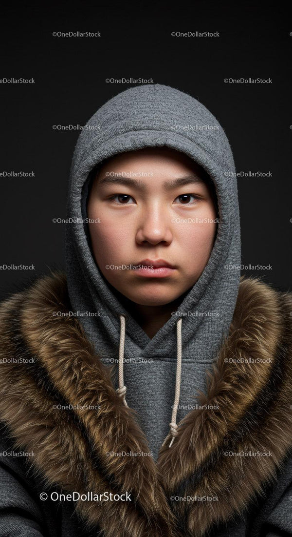 Portret Nastolatka w Szarej Bluzie z Kapturem i Futrzanym Płaszczu w Zimowym Stylu
