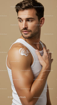 Young Man Applying Sunscreen on Shoulder for Skin Protection