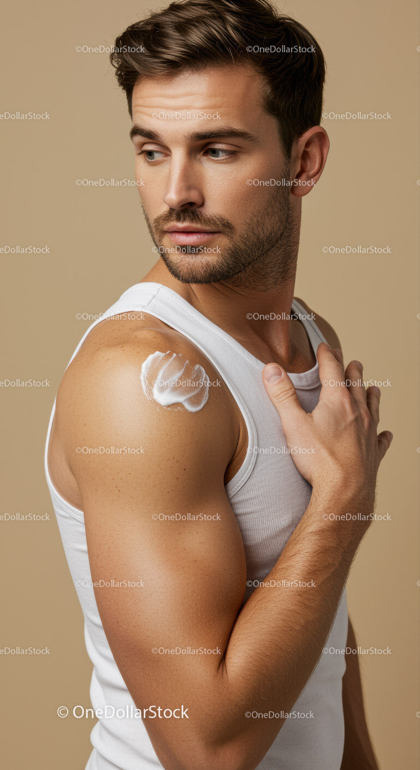 Young Man Applying Sunscreen on Shoulder for Skin Protection