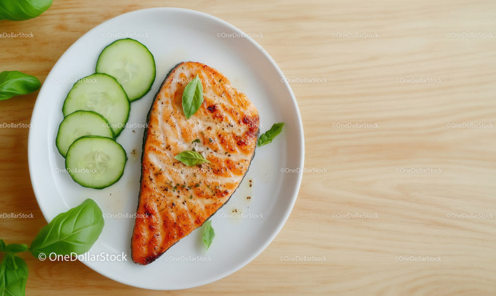 Grilled Tuna Steak with Cucumber Slices and Olive Oil Dip