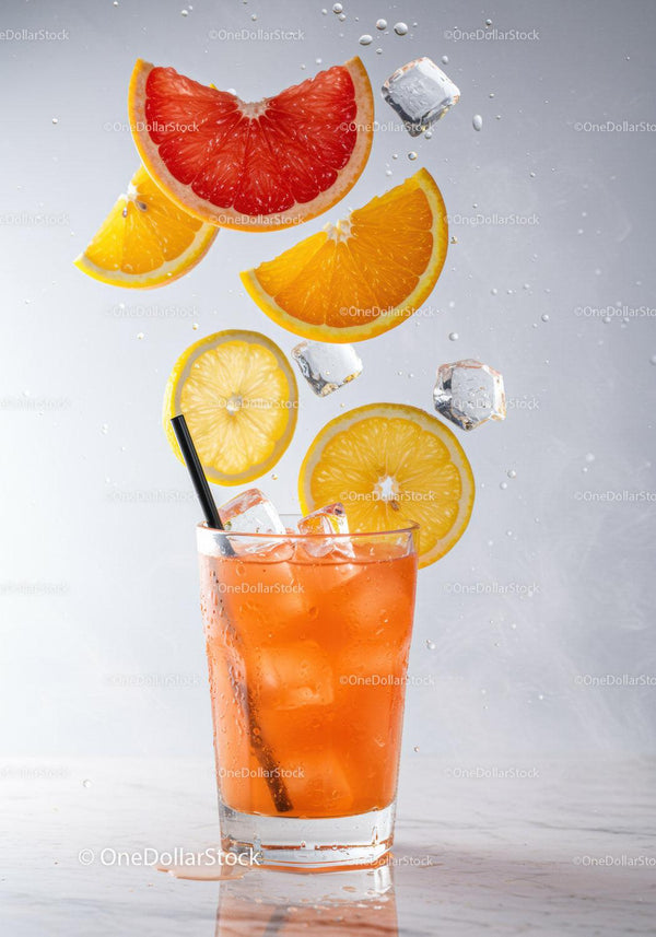 Refreshing Citrus Cocktail with Ice and Floating Fruit Slices