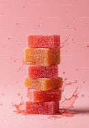 Stack of colorful sugar-coated gummy cubes with splash