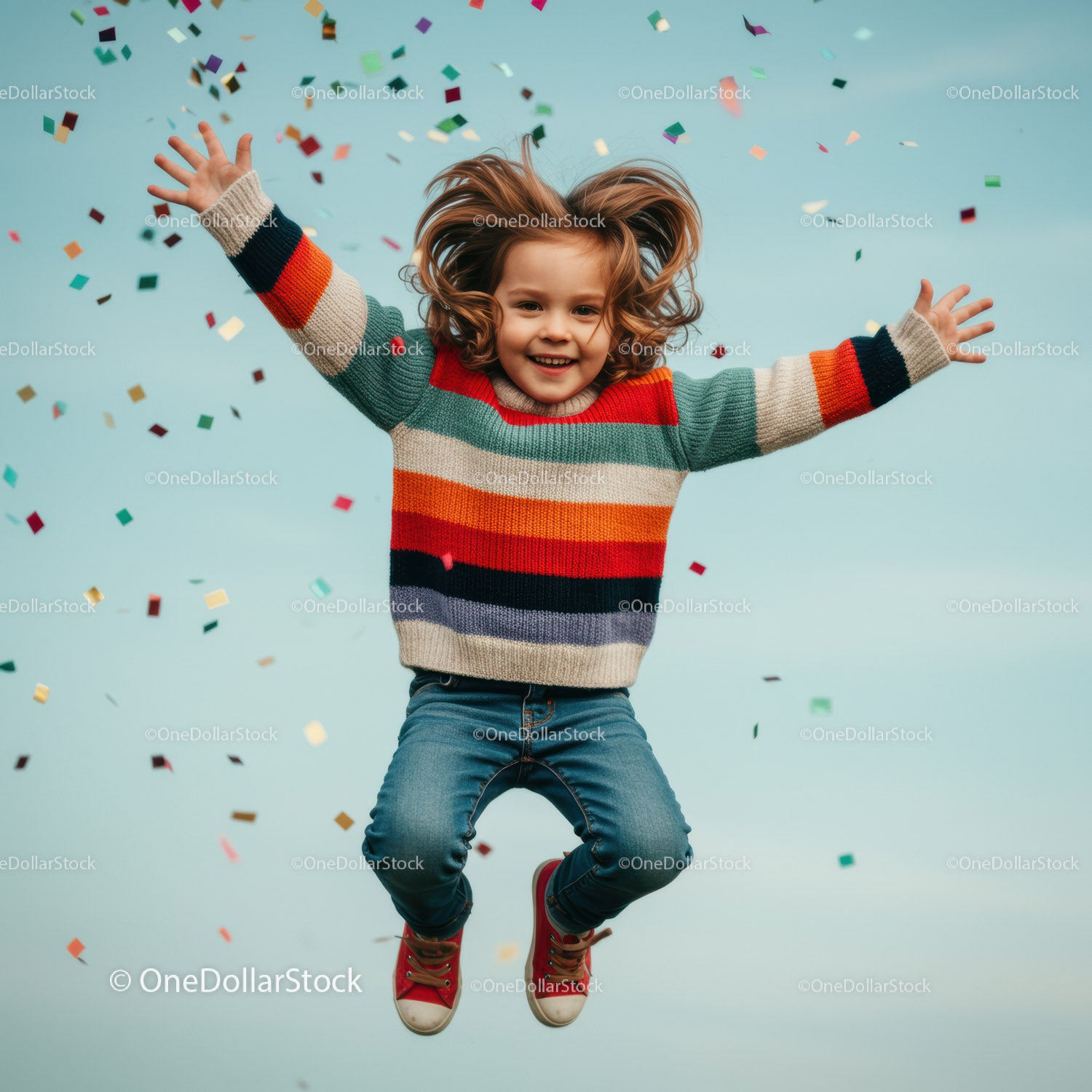 Joyful child jumping with colorful confetti outdoors