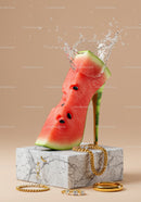 Creative watermelon high heel with water splash on marble