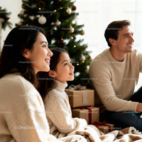 Family enjoying festive moment by Christmas tree