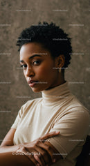 Elegant Black Woman in Beige Turtleneck with Confident Expression